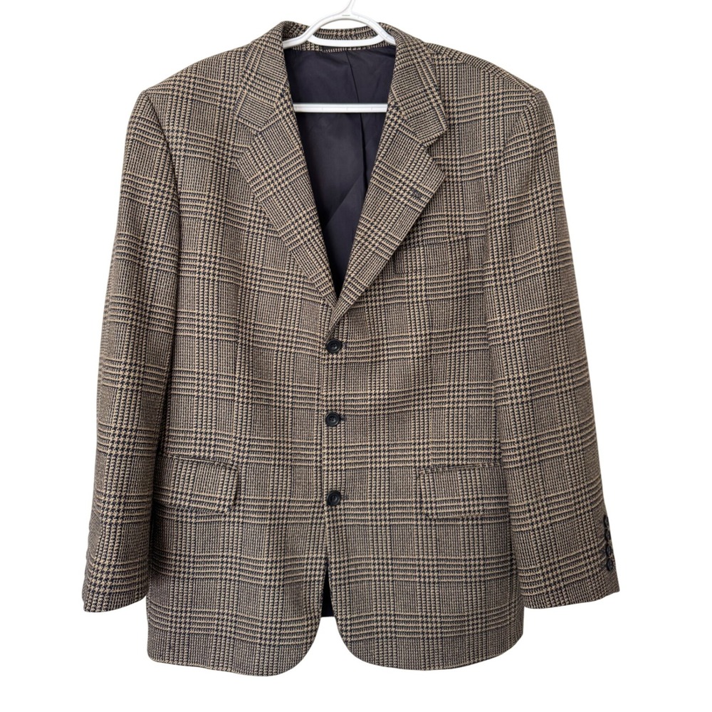 CEZAN La‎ Collezione Wool Two Button Blazer Plaid Beige Navy Blue Brown Size
